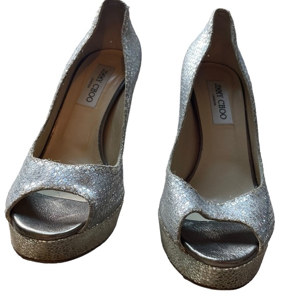 Jimmy Choo Peep Toe Platform Stiletto Glitter Sparkly Heel Womens 40 / US 10 - Picture 3 of 9